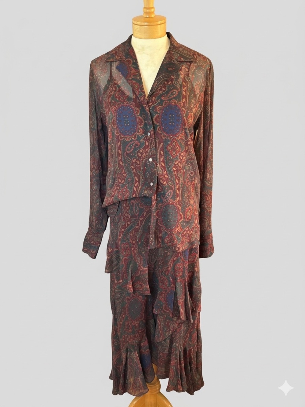 RALPH LAUREN GEORGETTE PAISLEY SILK TWO piece blouse and skirt SET Y2K western